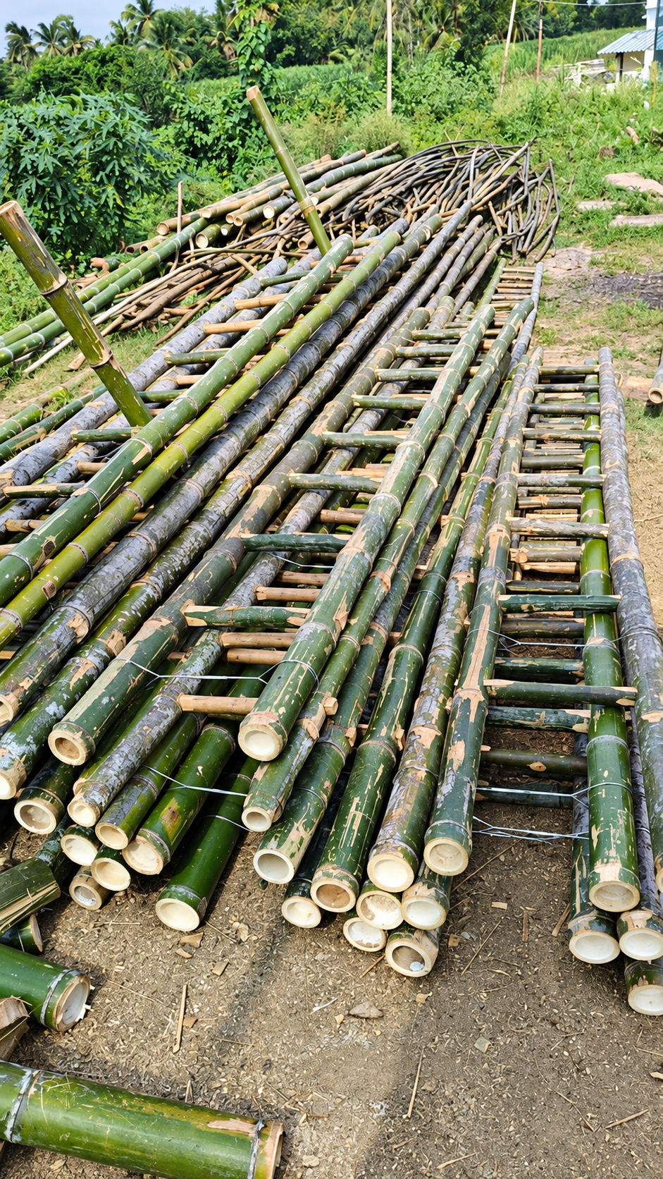 Bamboo poles and ladder frames in an outdoor stockyard